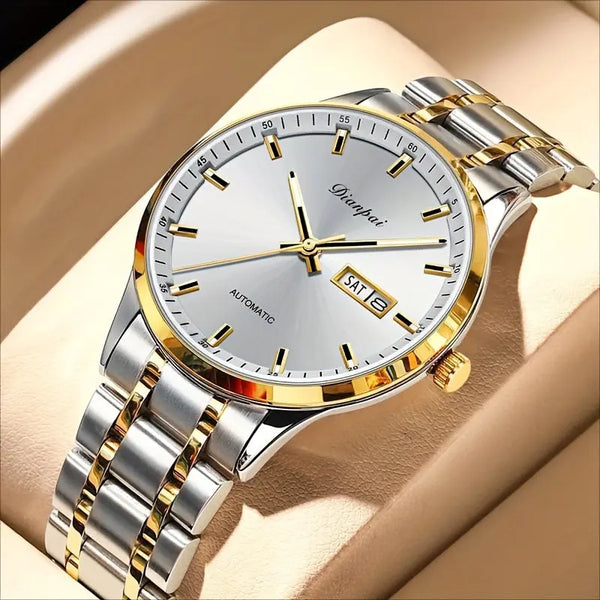 Alcom Distribution men's automatic business watch with silver and gold stainless steel band and white dial