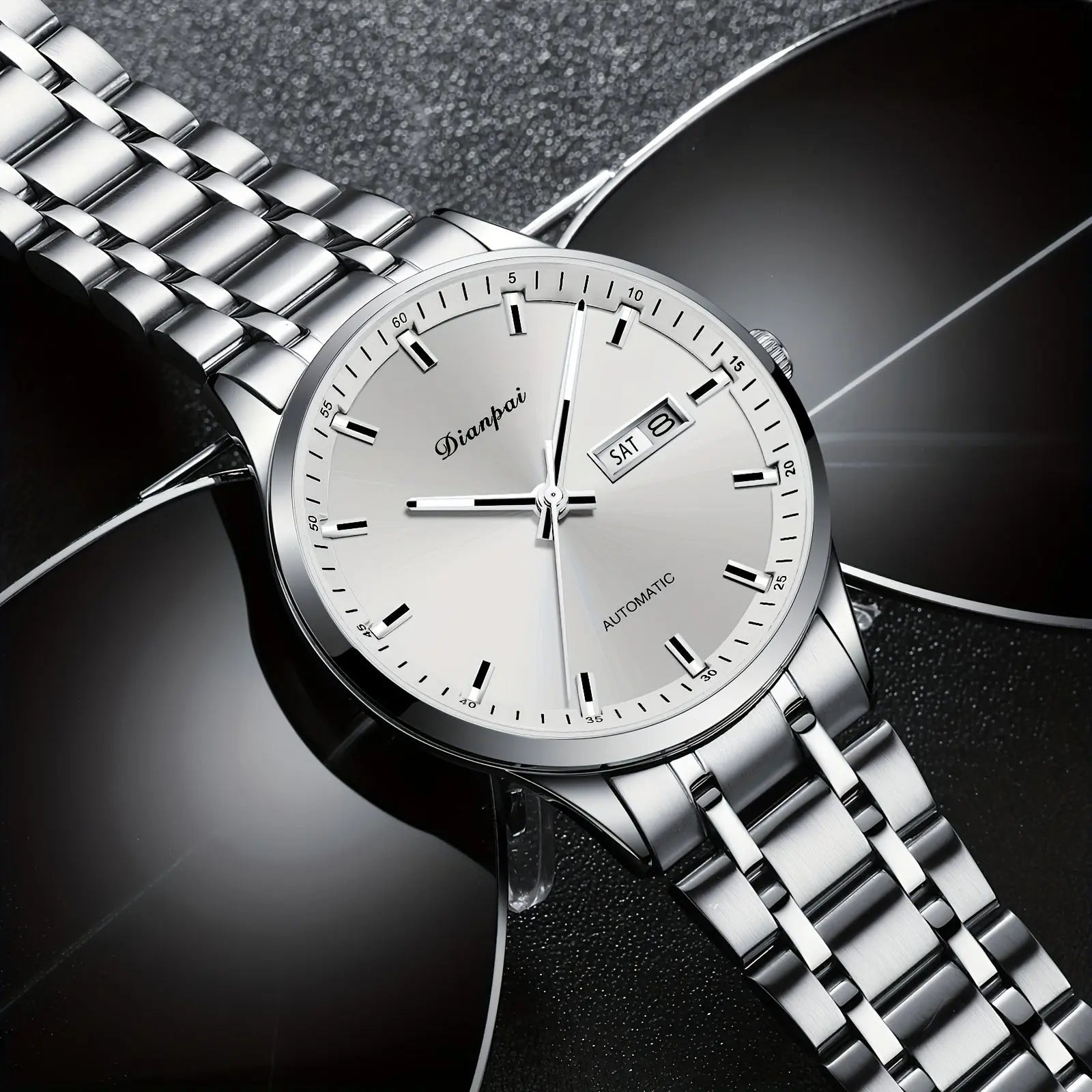 Alcom Distribution men's automatic business watch with silver metal band and white dial