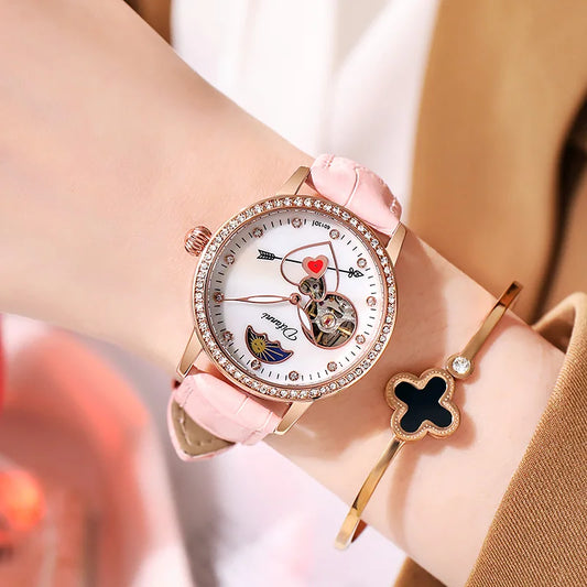 Alcom Distribution women's luxury automatic watch with pink leather strap and diamond bezel