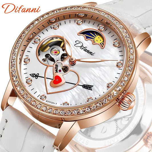 Difanni women's luxury automatic watch with rose gold bezel and white leather strap