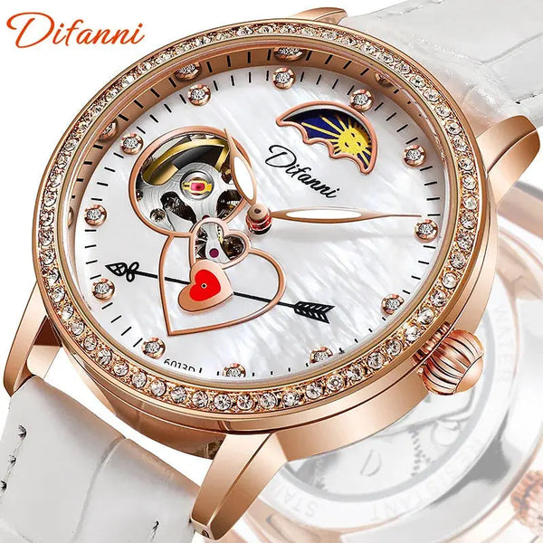 Difanni women's luxury automatic watch with rose gold bezel and white leather strap