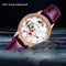 Alcom Distribution women's luxury automatic watch with rose gold case purple leather strap and diamond bezel