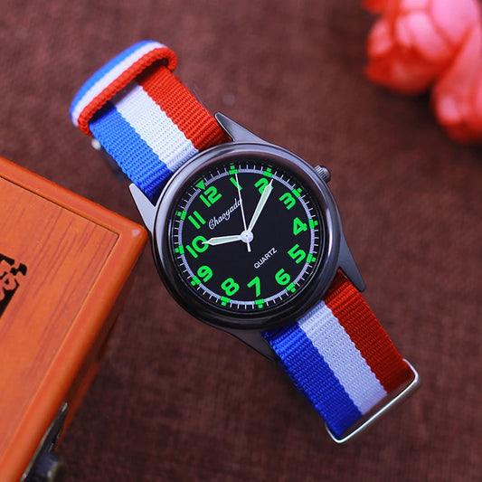 Alcom Distribution digital watches for boys and girls with black face and tri-color red white blue nylon strap