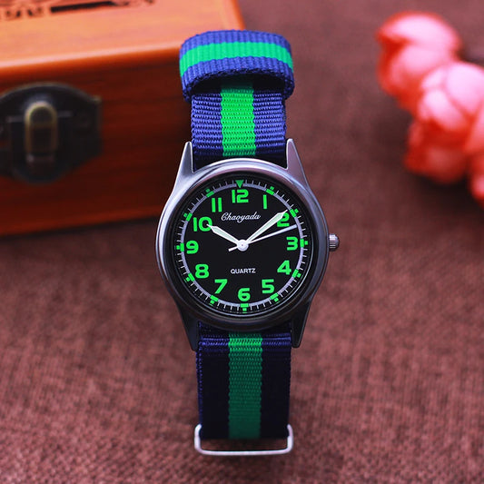 Alcom Distribution green and blue striped watch with black face showcasing digital watches for boys and girls
