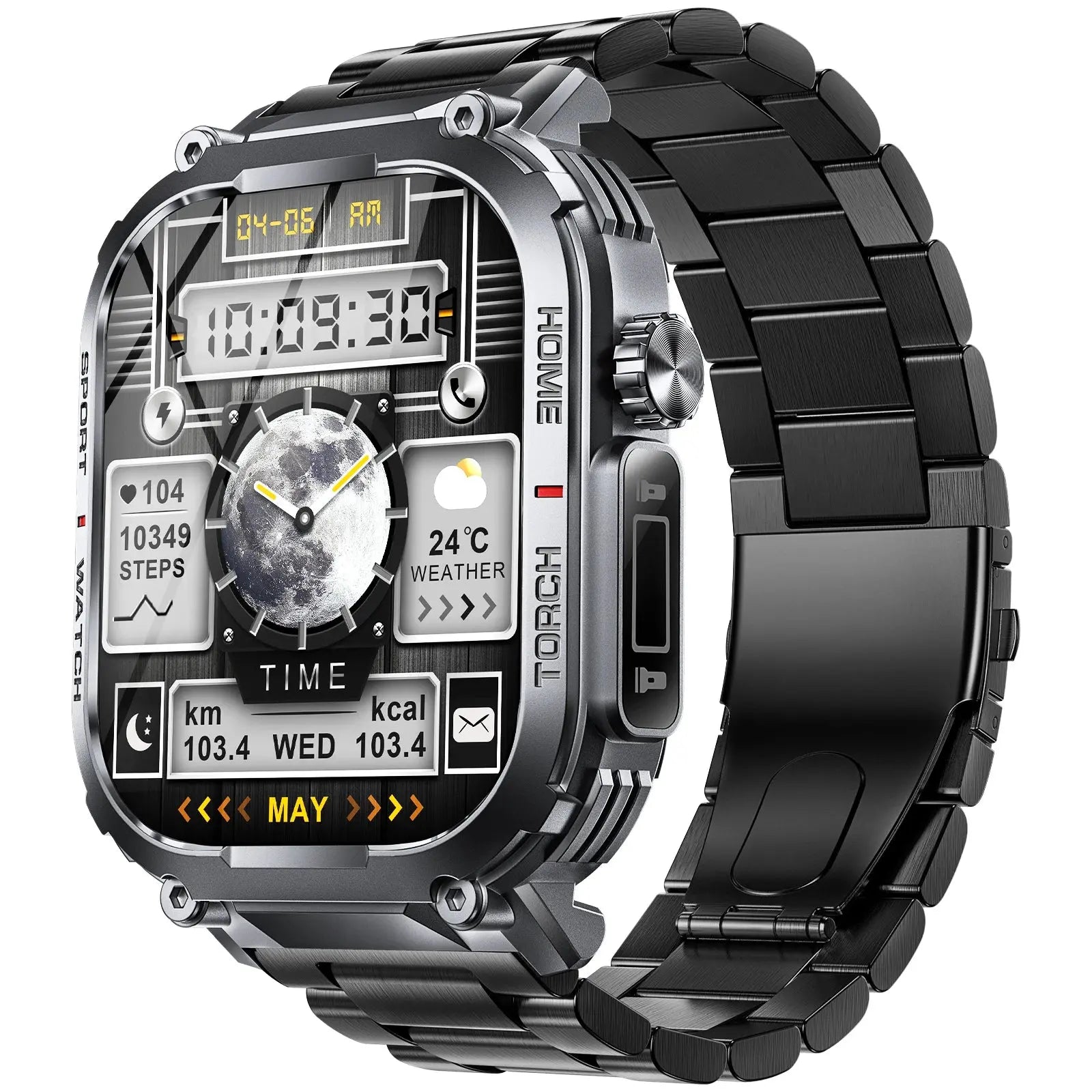 Alcom Distribution 3ATM waterproof fitness watch with black metal band and digital display