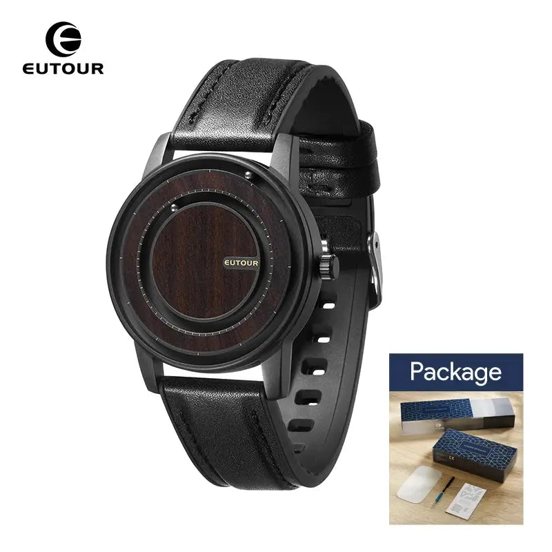 Stylish Magnetic Bead Watch by Alcom Distribution with black leather strap and wooden dial