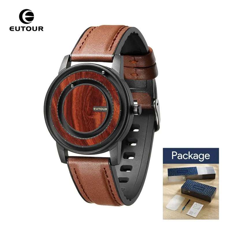 EUTOUR Stylish Magnetic Bead Watch with brown leather strap and wooden dial by Alcom Distribution