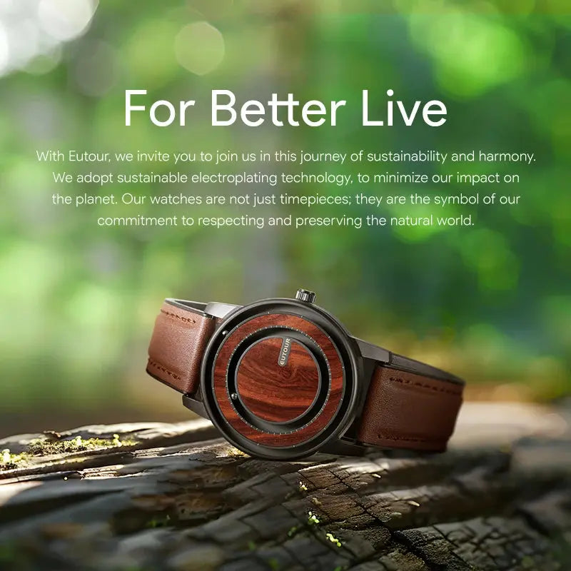 Stylish Magnetic Bead Watch with brown leather strap and wood-patterned dial on natural background