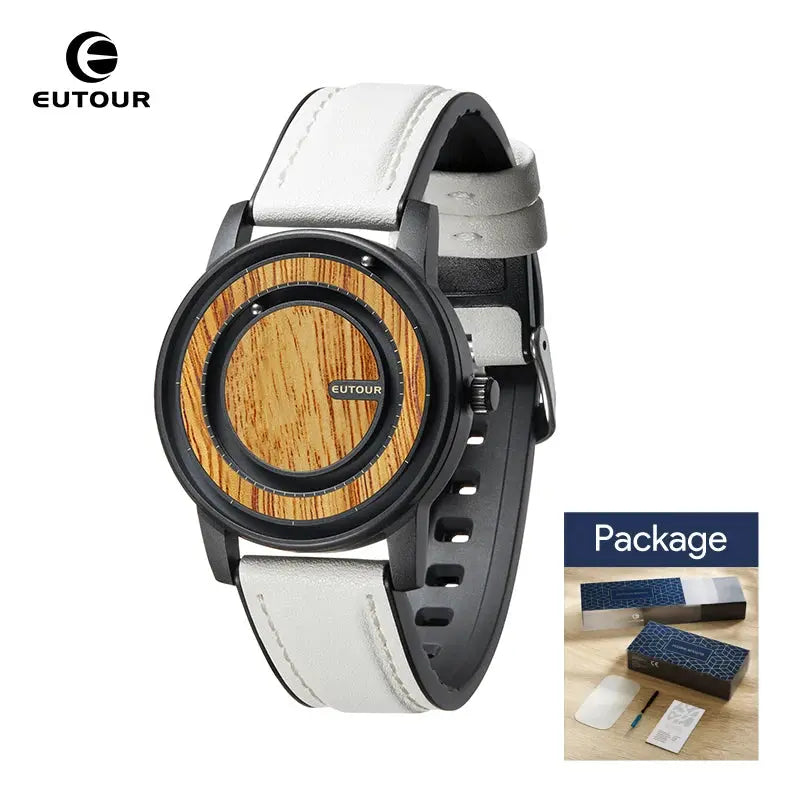 Eutour Stylish Magnetic Bead Watch with wood grain dial and white leather strap by Alcom Distribution