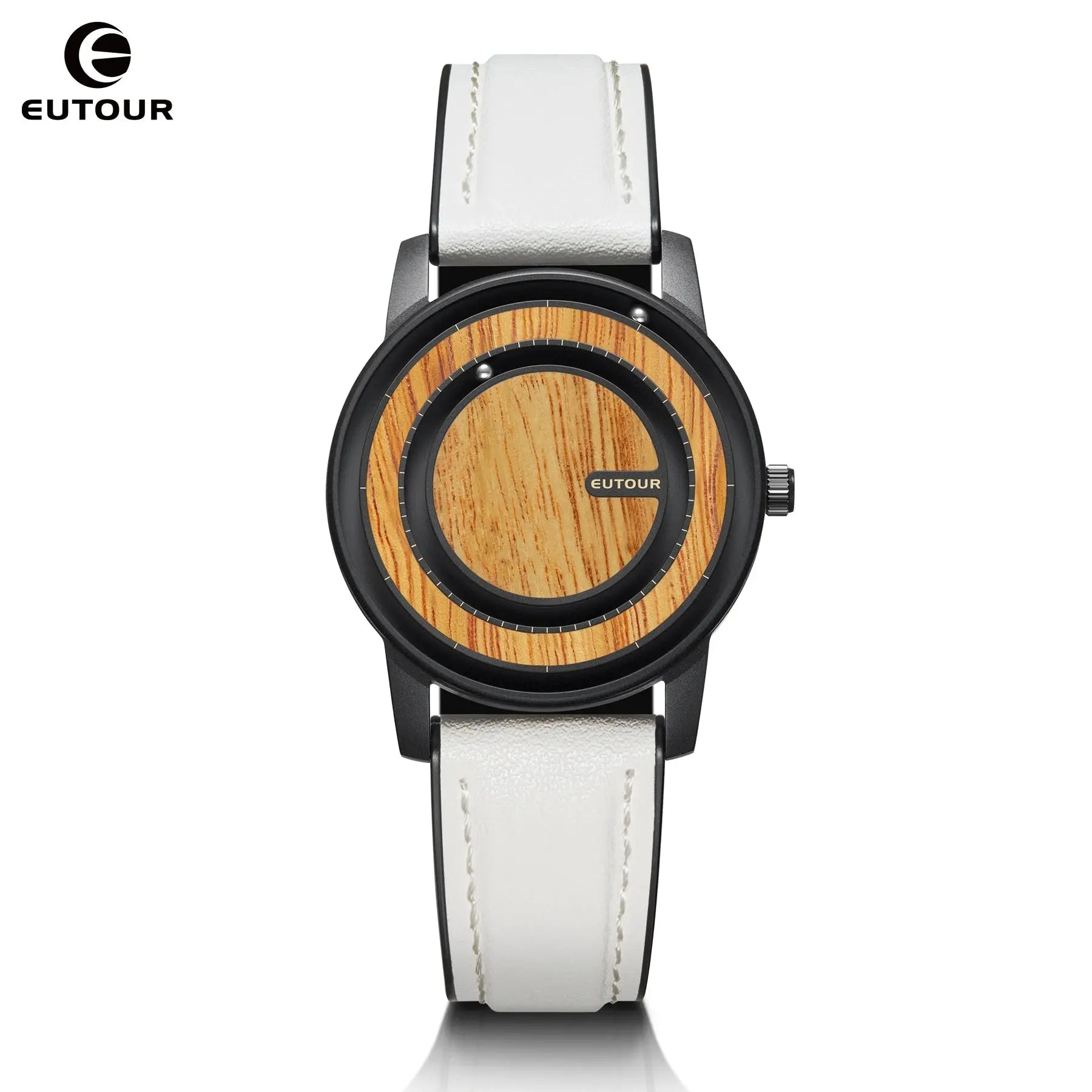 Alcom Distribution Stylish Magnetic Bead Watch with black case white leather strap and wooden dial