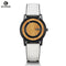 Alcom Distribution Stylish Magnetic Bead Watch with black case white leather strap and wooden dial