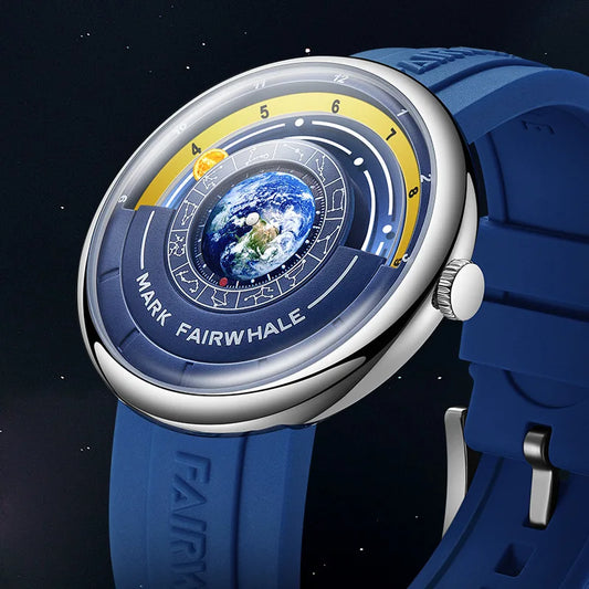Alcom Distribution Mark Fairwhale blue silicone strap watch with globe dial and polished case luxury quartz men's wristwatch