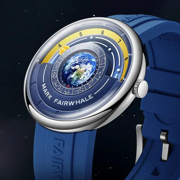 Alcom Distribution Mark Fairwhale blue silicone strap watch with globe dial and polished case luxury quartz men's wristwatch