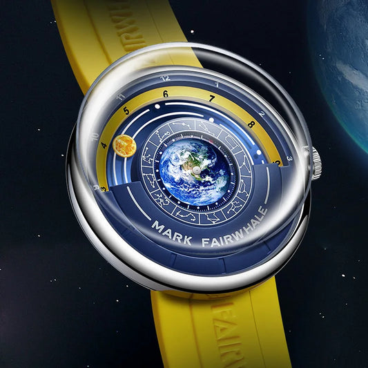 Mark Fairwhale blue planet dial watch with yellow strap luxury quartz men's wristwatch showcasing Earth motif