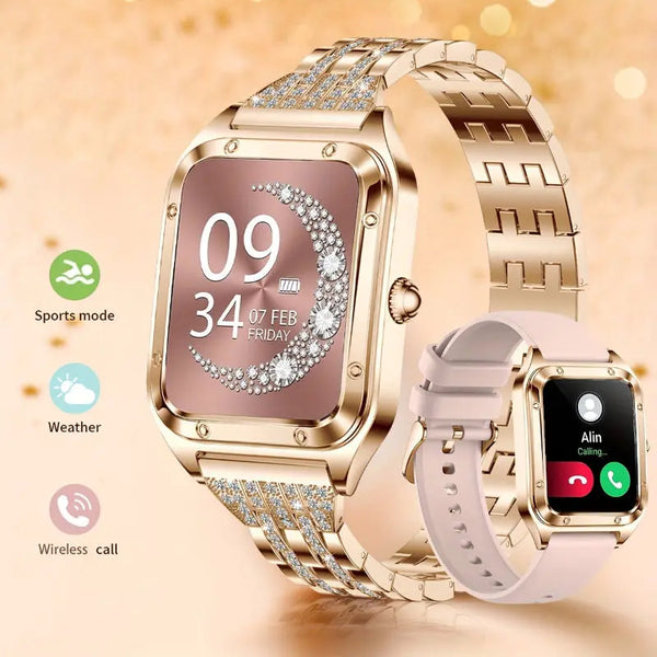 Fashionable smartwatches for women by Alcom Distribution with gold and pink bands featuring sports mode and wireless call