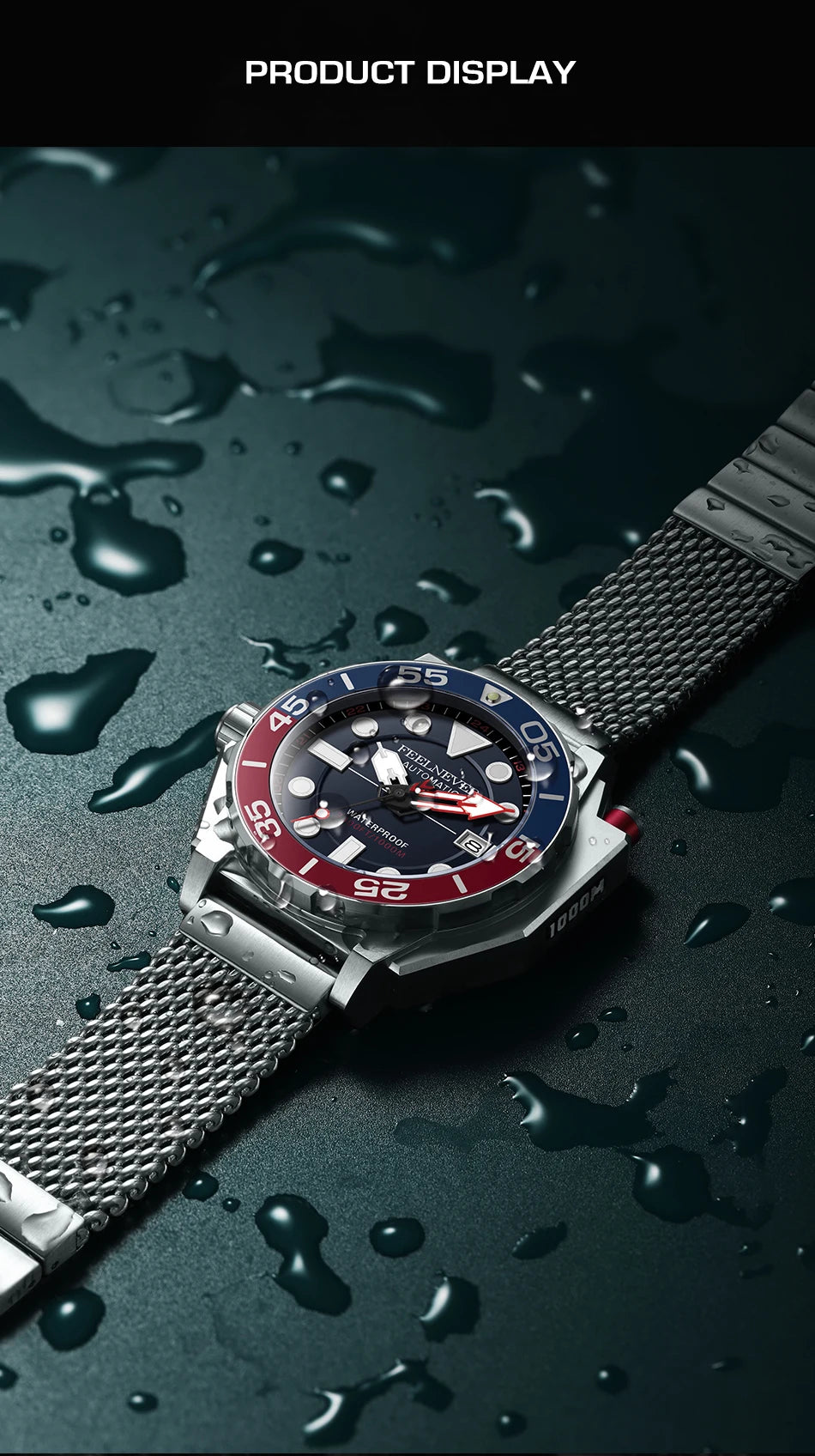 Alcom Distribution 1000m water resistant watch with stainless steel mesh band and water droplets