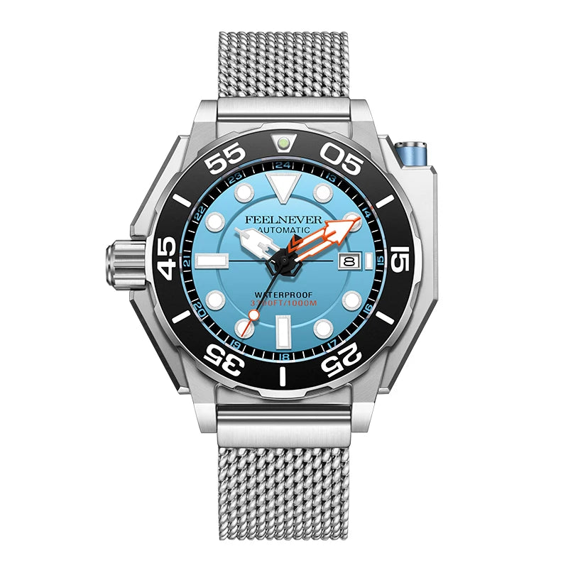 Feelnever Automatic Watch with Blue Dial and Stainless Steel Mesh Band, 1000m water resistant watch