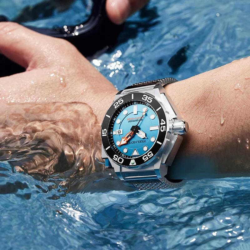Men's Alcom Distribution watch featuring a blue face and 1000m water resistant watch for aquatic adventures