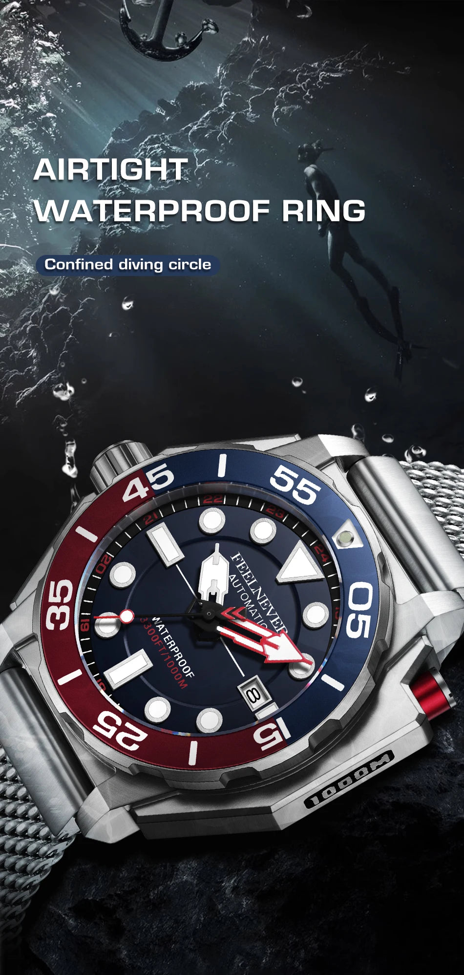 Stylish 1000m water resistant watch with a black and red dial, perfect for diving enthusiasts