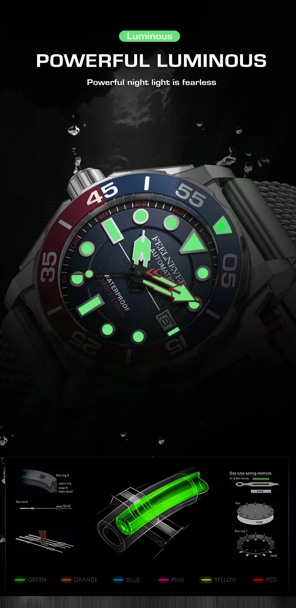Powerful luminous Alcom Distribution 1000m water resistant watch with vibrant dial and stainless steel band