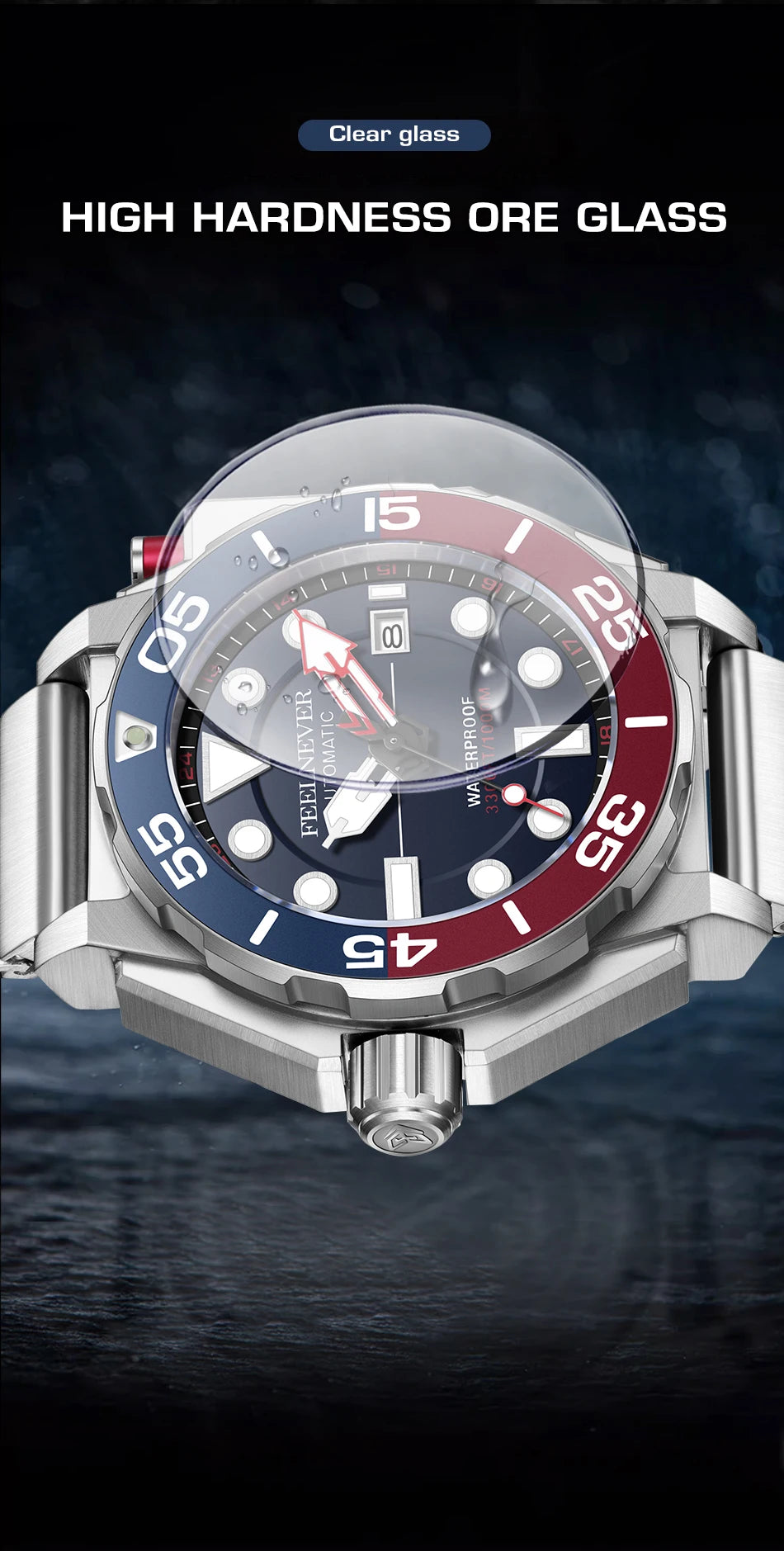 High-quality Alcom 1000m water resistant watch with durable ore glass and striking dual color design