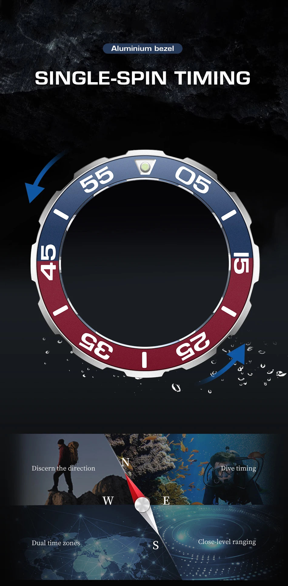 Alcom Distribution 1000m water resistant watch with a single-spin timing bezel and compass features