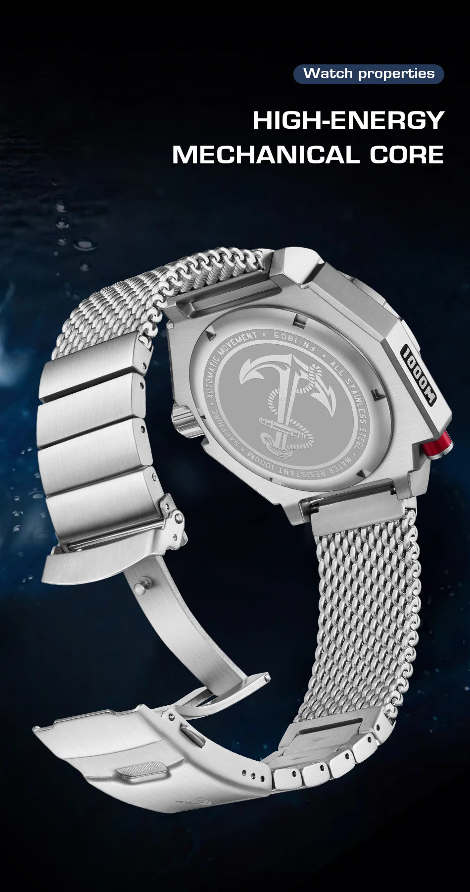 Alcom Distribution 1000m water resistant watch with high-energy mechanical core and stainless steel band