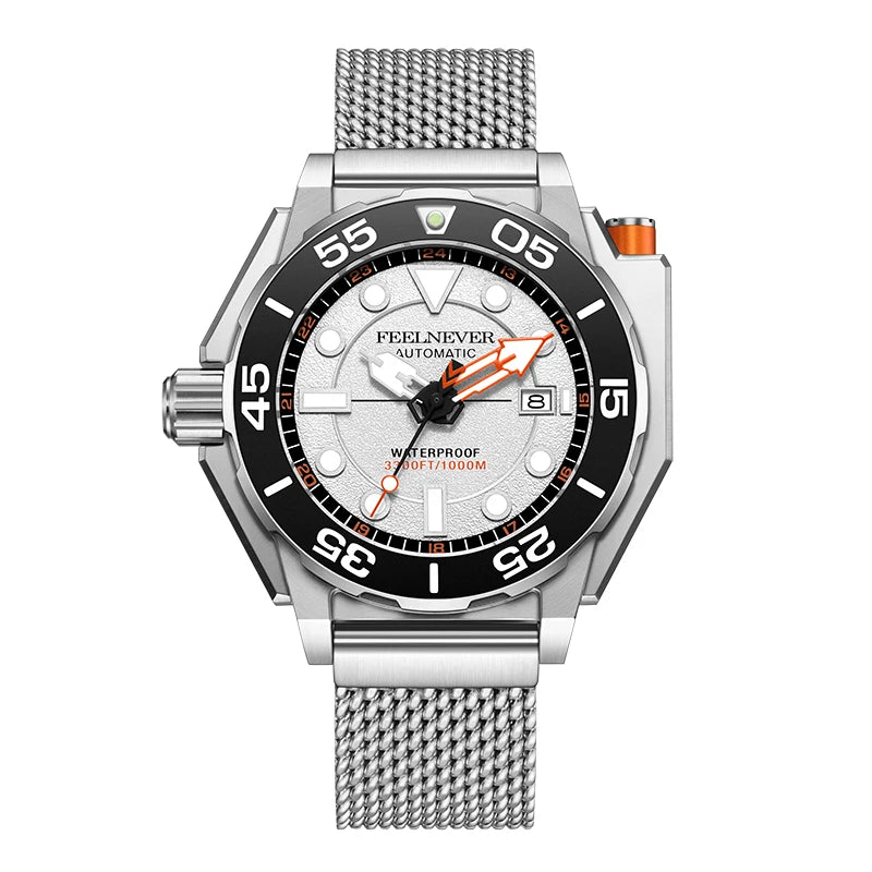 Feelnever Automatic Watch with Silver Mesh Band and 1000m water resistant watch feature