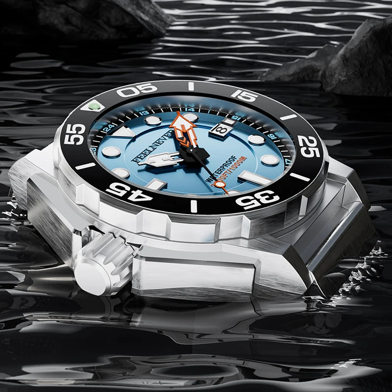 Durable dive watch with blue dial and stainless steel case, 1000m water resistant watch