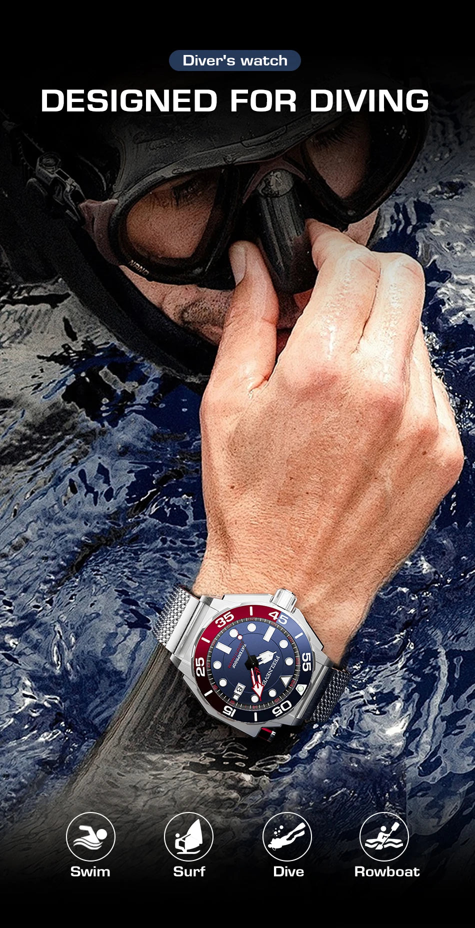 Alcom Distribution 1000m water resistant watch designed for diving with a red and blue bezel