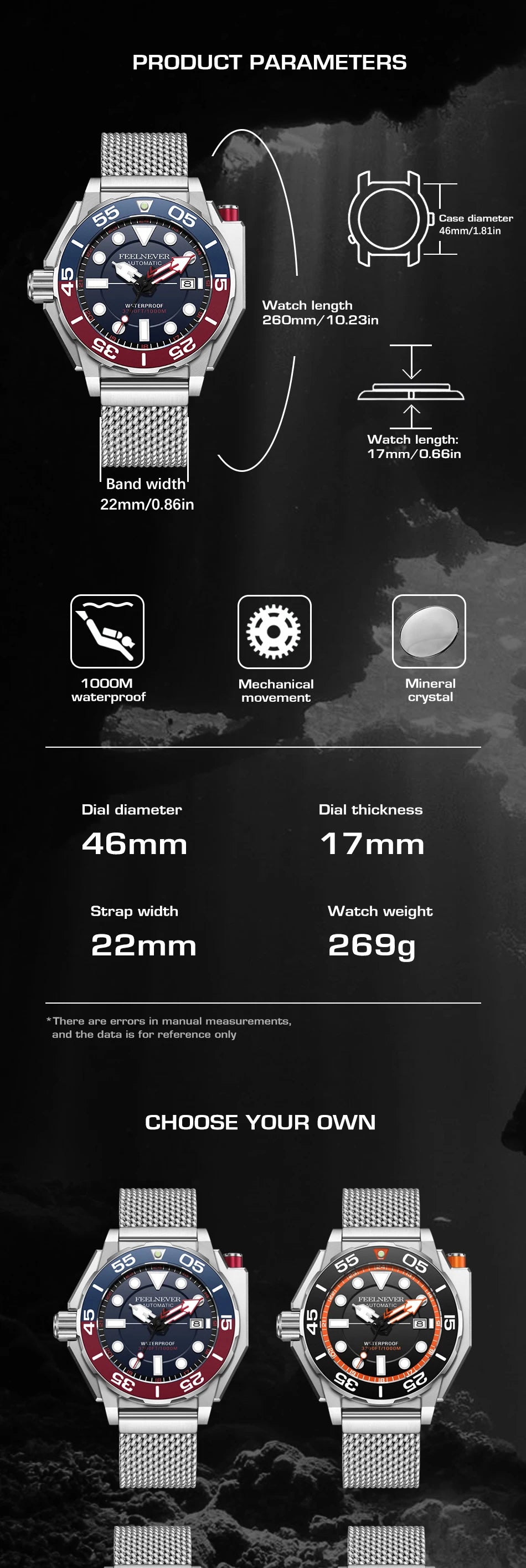 Alcom Distribution 1000m water resistant watch with stainless steel mesh band and vibrant face options