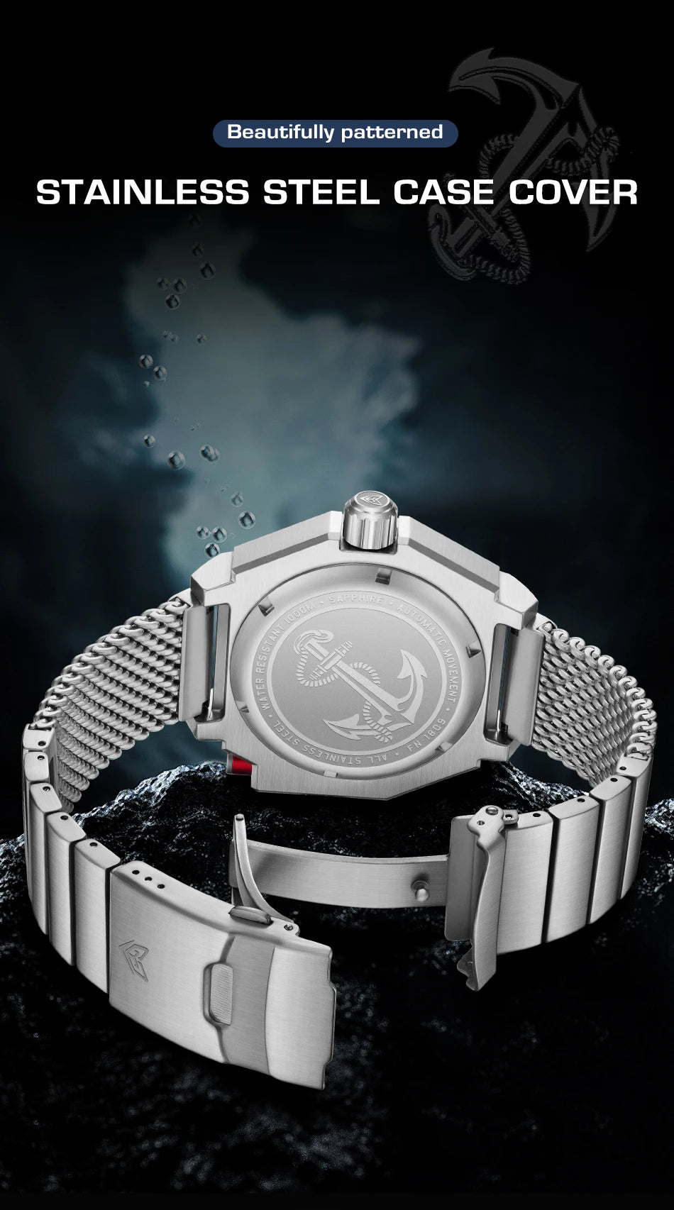 Stylish stainless steel case cover of a 1000m water resistant watch with a mesh bracelet
