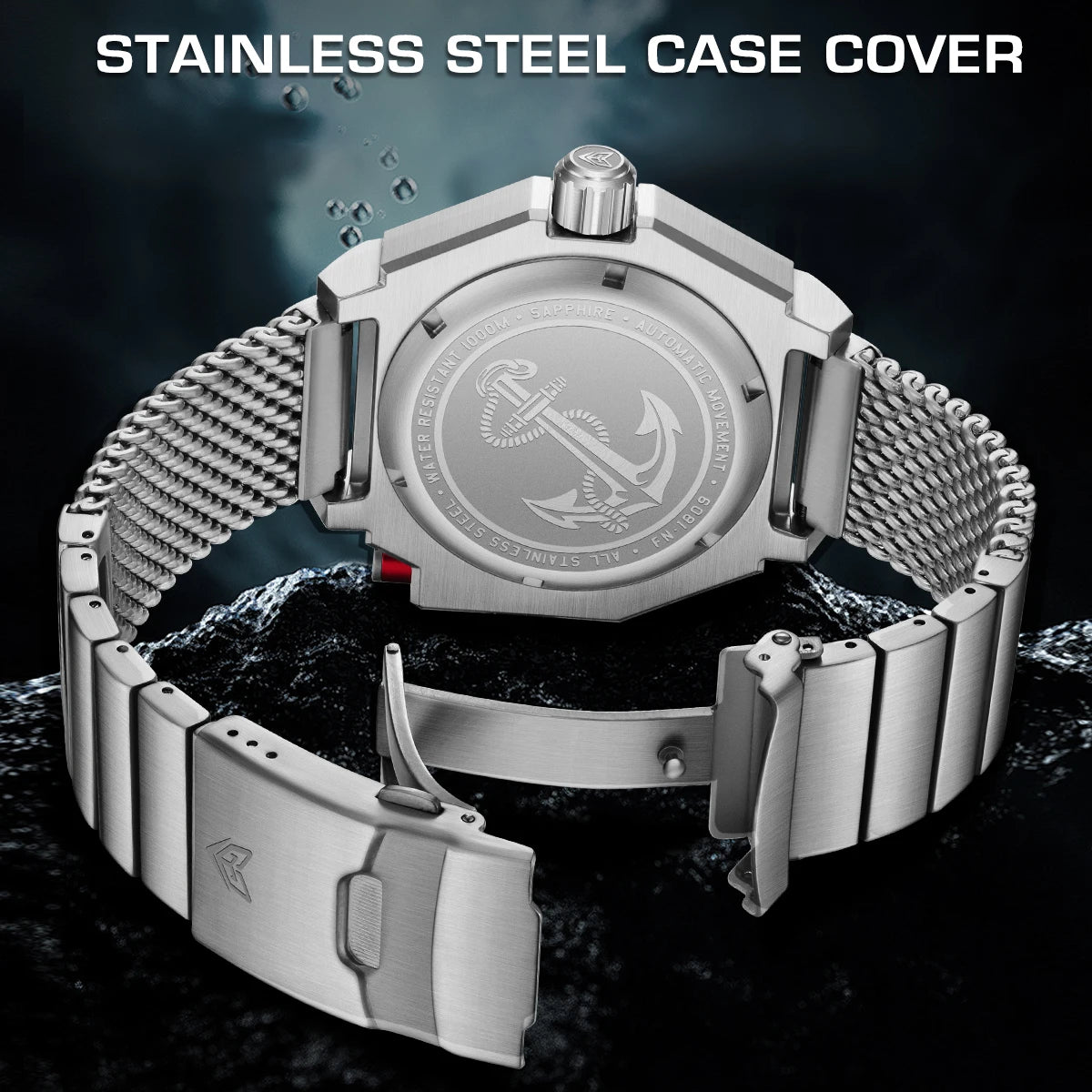 Alcom Distribution 1000m water resistant watch with stainless steel case and mesh strap design