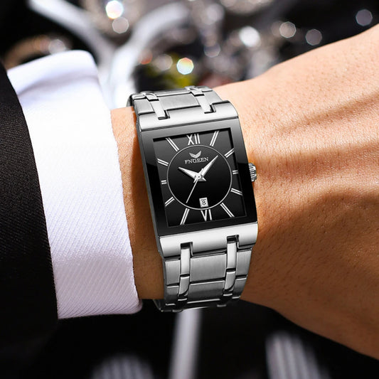 Alcom Distribution stainless steel rectangular watch on wrist with black dial and Roman numerals luxury men's quartz watch