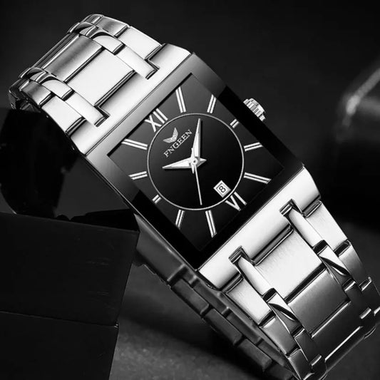 Alcom Distribution luxury men's quartz watch stainless steel rectangular black dial with Roman numerals and date window