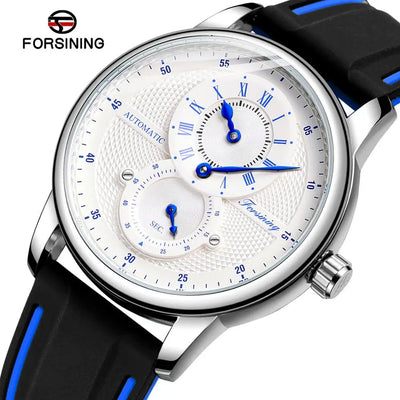 Forsining white textured dial automatic mechanical sport watch for men with blue hands black silicone strap