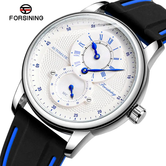 Forsining white textured dial automatic mechanical sport watch for men with blue hands black silicone strap