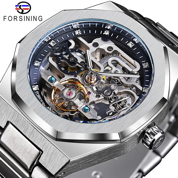 Forsining automatic mechanical watch for men with silver stainless steel band and skeleton dial