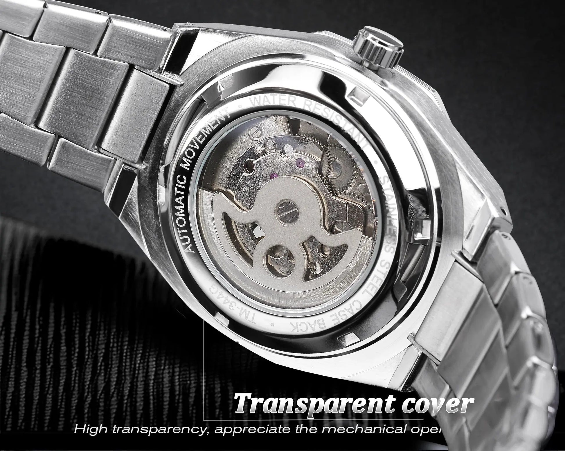 Alcom Distribution silver Automatic Mechanical Watch for Men with transparent case back showing inner mechanical movement