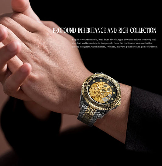 Forsining men's skeleton watch with intricate gold and silver design worn on wrist