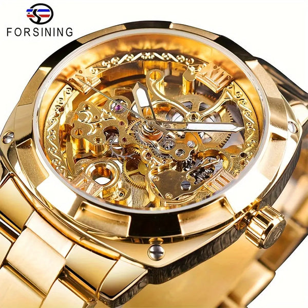 Gold Forsining skeleton watch with visible intricate mechanical gears and metal bracelet