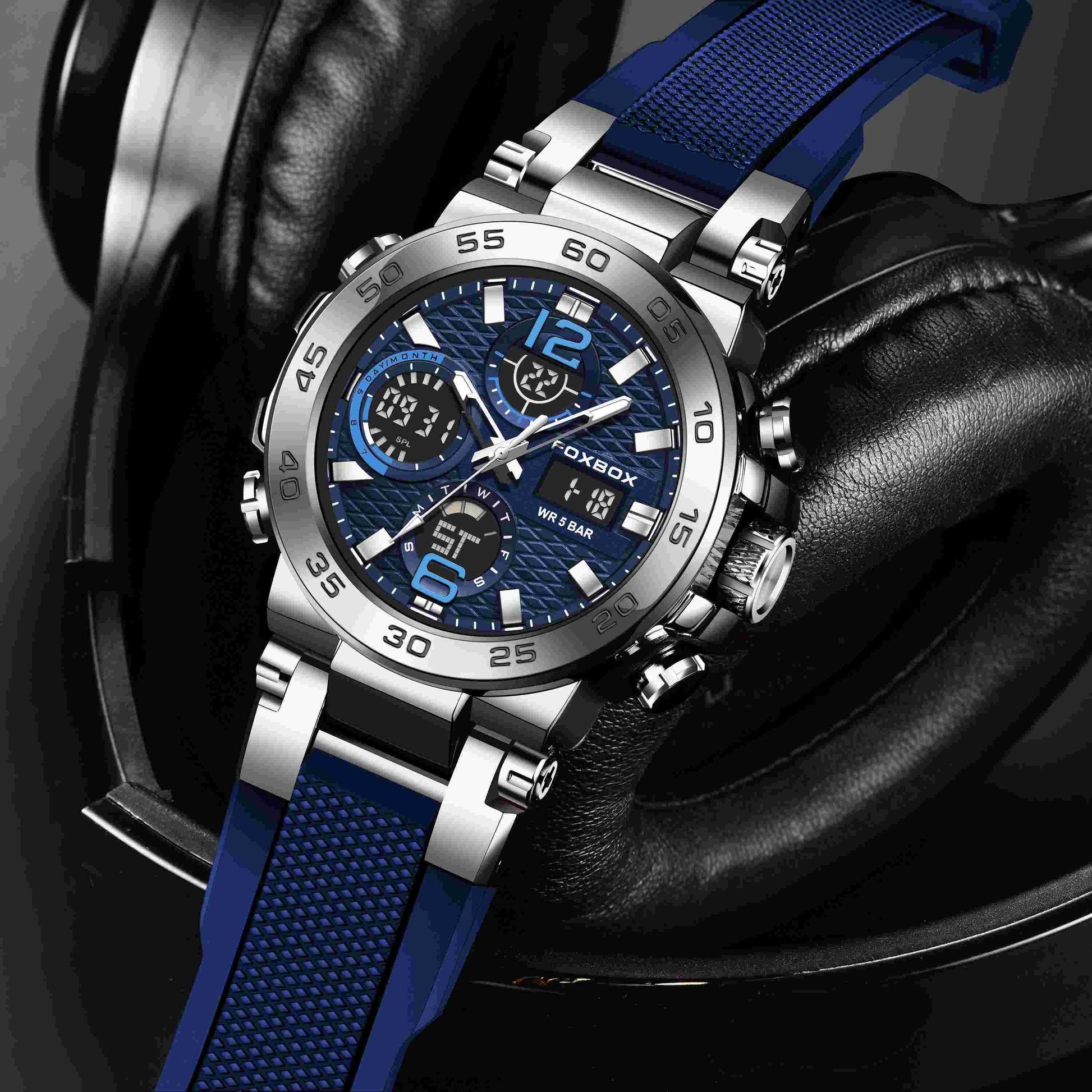 Alcom Distribution waterproof dual display watch with blue strap and stainless steel case