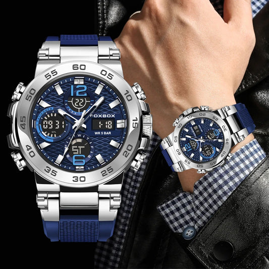 Alcom Distribution stainless steel silver and blue analog digital mens waterproof quartz digital watch