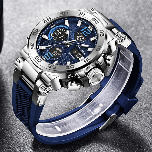 Alcom Distribution waterproof quartz digital watch blue dial silver stainless steel case rubber strap