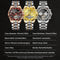 Three Glenaw automatic watch models with steel straps and alloy cases in rose gold, gold, and silver colors