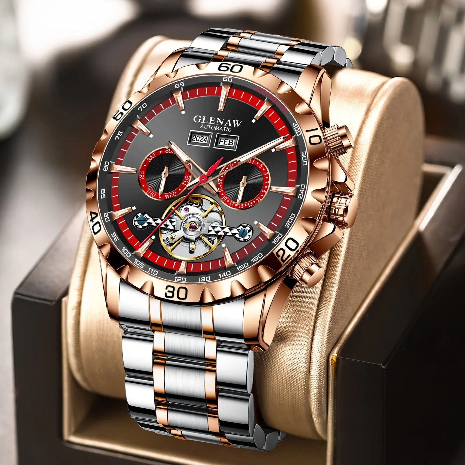 Glenaw automatic watch with rose gold and silver stainless steel band displayed on luxury cushion