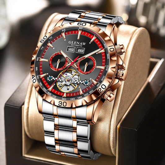 Glenaw automatic watch with rose gold and silver stainless steel band displayed on luxury cushion