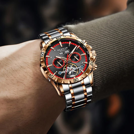 Glenaw automatic watch with gold and silver stainless steel band and black dial on wrist