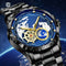 Bold mechanical watch for men by Alcom Distribution with black metal band and blue world map dial