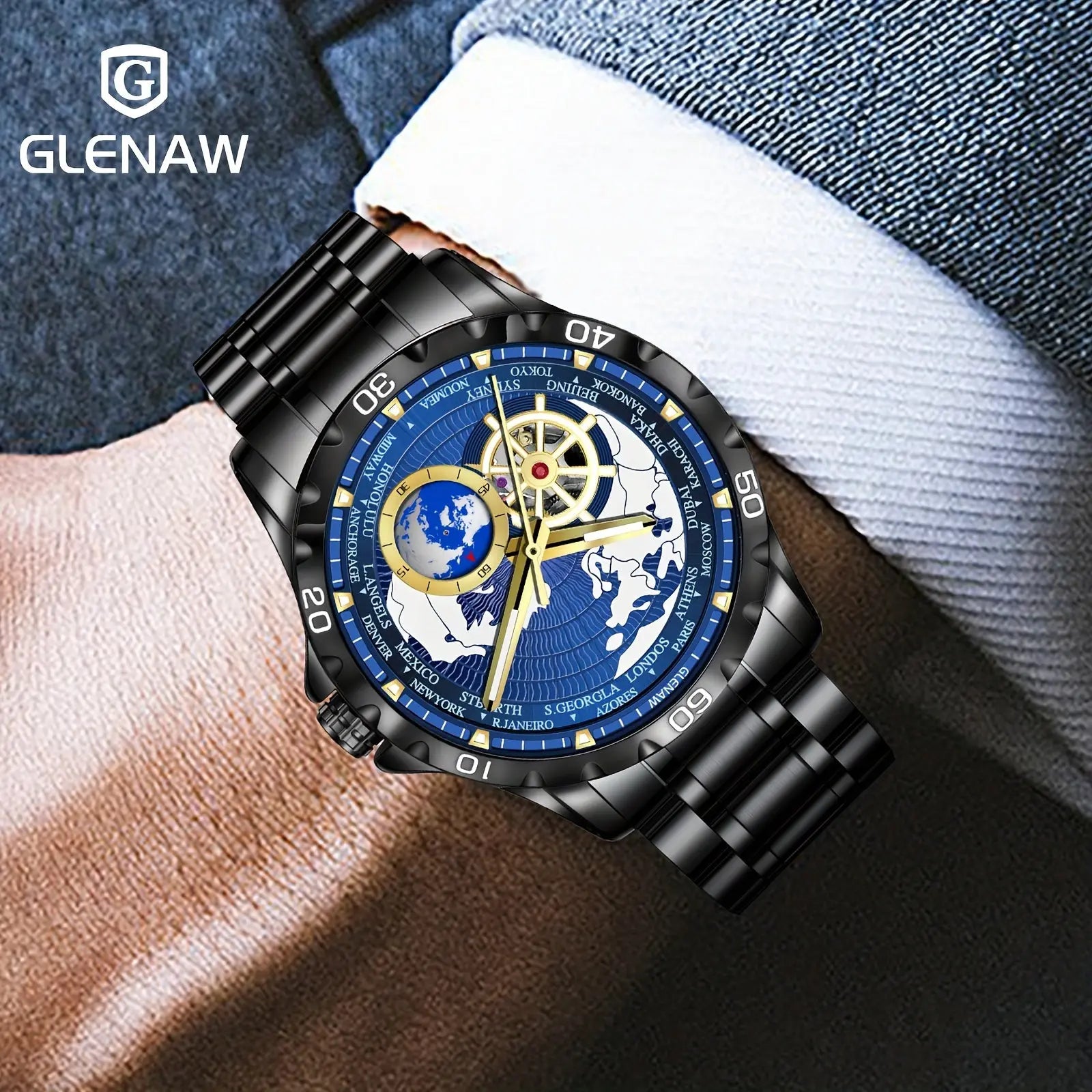 Bold mechanical watch for men with black metal band and intricate blue and gold dial by Glenaw